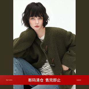 [断码清仓]COCOBELLA重工镶边牛角扣颗粒绒外套女毛绒大衣SC912A