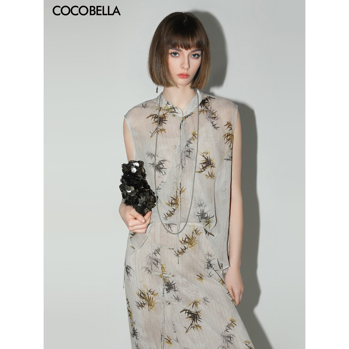 COCOBELLA新中式金丝竹叶印花无袖斜襟雪纺衫吊带两件套SR3052