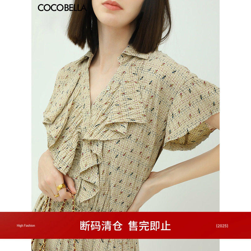 [断码清仓]COCOBELLA荷叶边V领压褶雪纺衫女蝴蝶袖印花上衣LC506,女装/女士精品,蕾丝衫/雪纺衫,淘宝优惠券,粉丝福利购,淘宝优惠卷