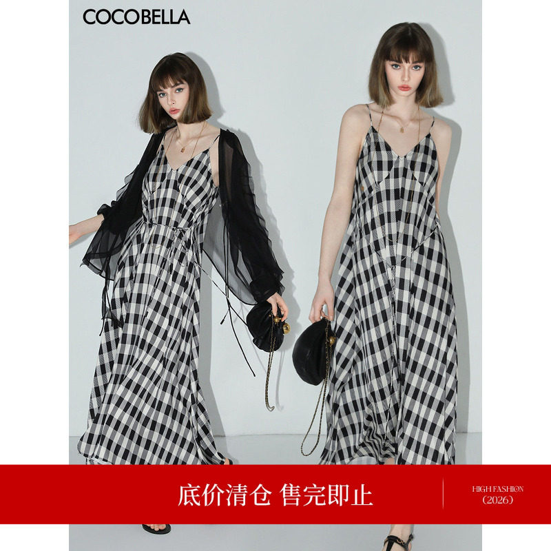 COCOBELLA垂坠黑白格子吊带长裙飘逸大摆海边度假连衣裙FR105