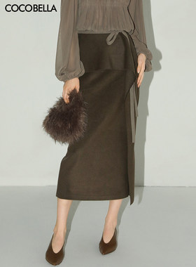 COCOBELLA[孟买棕绿]不对称荷叶边半身裙女冬毛呢长裙HS3091-2