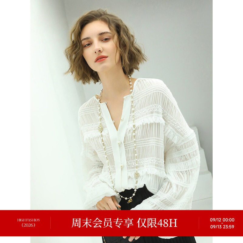 COCOBELLA奥莱时尚微透视立体缆褶衬衫早秋气质优雅度假雪纺衫图片