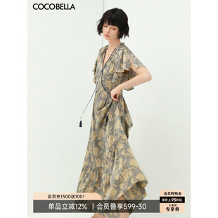 COCOBELLA缎面印花连衣裙优雅荷叶边茶歇裙度假沙滩长裙FR562