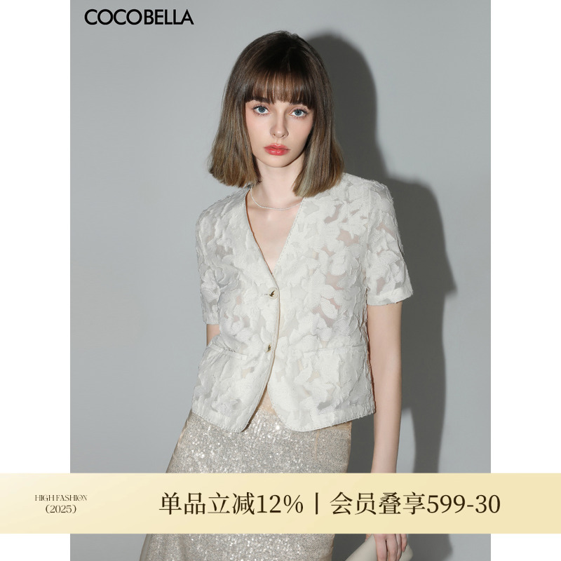 COCOBELLA重工剪花短袖贡针小西装女通勤微透视短款外套SR108