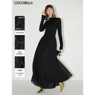 COCOBELLA黑色赫本风针织拼接连衣裙秋冬小黑裙清冷感长裙FR0008