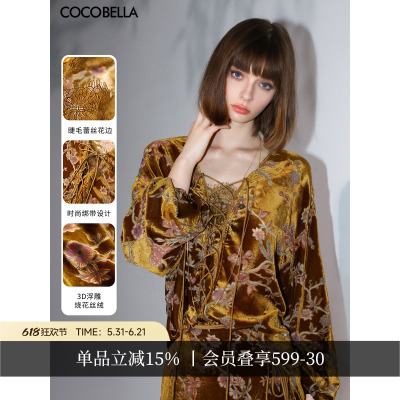 COCOBELLA奢感新中式烧花丝绒上衣女春蕾丝拼接雅致衬衣SR7050
