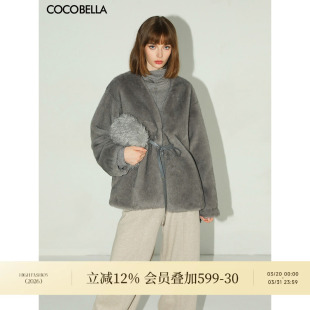 COCOBELLA高奢原色仿貂绒环保皮草外套PU腰带短款 大衣FU3003