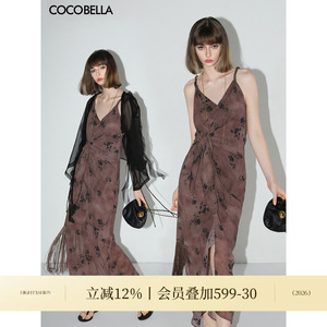 COCOBELLA[剪影花卉]晕染印花雪纺连衣裙流苏扭结吊带裙FR7042