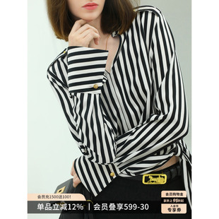 COCOBELLA静奢风黑白竖条纹飘带衬衫女夏高级感显瘦通勤衬衣SR535