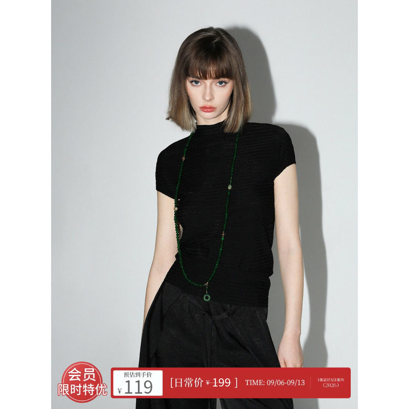 COCOBELLA奥莱老钱风压褶紧身贝壳袖T恤女精致黑色小立领上衣图片