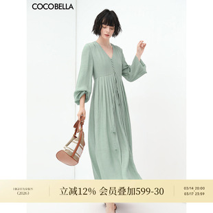 [断码清仓]COCOBELLA法式优雅大摆V领连衣裙度假沙滩长裙NFR16