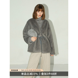 COCOBELLA奥莱高奢仿貂绒环保皮草外套女冬短款裸领保暖毛绒大衣