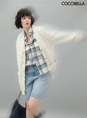 COCOBELLA重工几何绗缝外套女早秋宽松休闲舒适裸领开衫上衣SC901