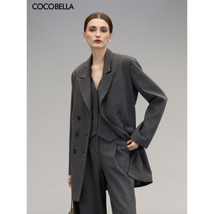 COCOBELLA格雷系假两件中长款 SI3036 秋冬羊毛大衣双排扣毛呢西装