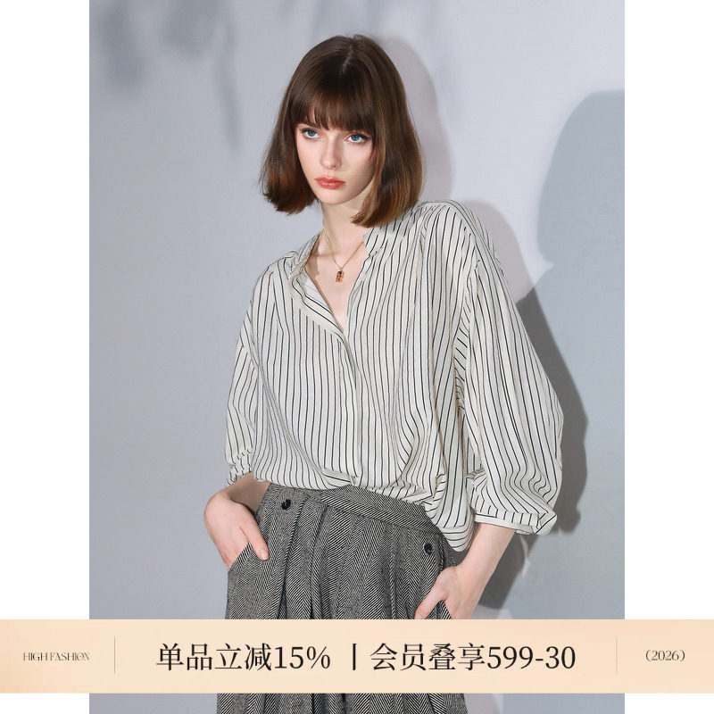 COCOBELLA奥莱设计感小立领条纹衬衫外套女26秋棉麻风休闲衬衣图片