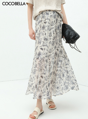COCOBELLA写意印花雪纺压褶半身裙女夏沙滩度假飘逸长裙HS119