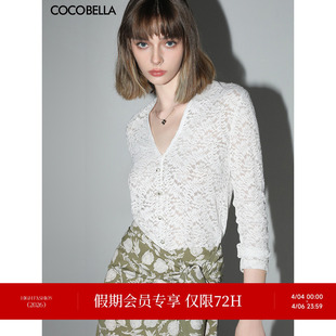 针织衫 NLC55 女深V领长袖 COCOBELLA优雅微透视镂空蕾丝衬衫