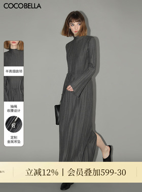 COCOBELLA赫本风压褶连衣裙女半高领抽绳长袖优雅显瘦长裙FR3015
