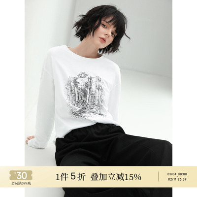 COCOBELLA设计感素描图案印花T恤舒适休闲时尚百搭长袖上衣NTS33