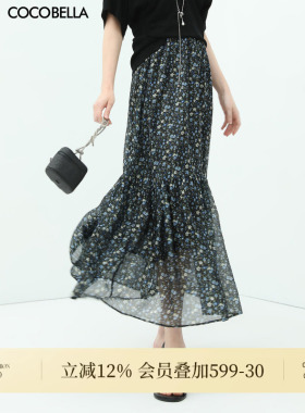 COCOBELLA气质飘逸大摆抽褶碎花半身裙女夏田园A字长裙HS117