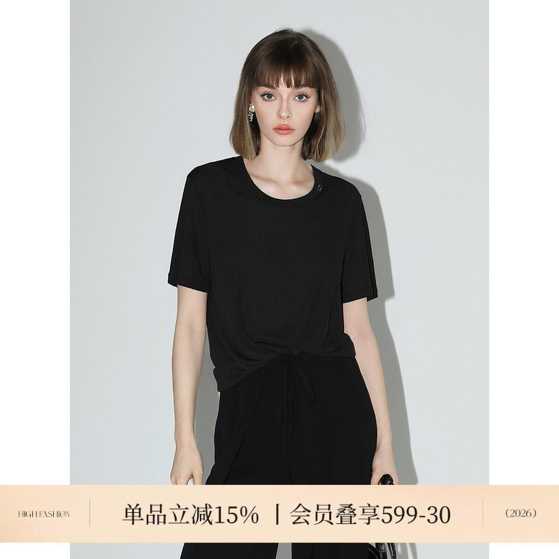 COCOBELLA奥莱金属LOGO垂坠感短袖针织衫女夏宽松慵懒风圆领T恤
