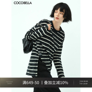T恤女侧开叉休闲上衣TS99 COCOBELLA立体段彩黑白色织条纹长袖