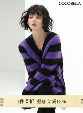 COCOBELLA撞色宽条纹粗针毛衣松弛感穿搭蝙蝠袖V领针织上衣MZ925