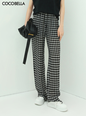 [断码清仓]COCOBELLA肌理感褶皱格子休闲裤女宽松高腰直筒裤PA600