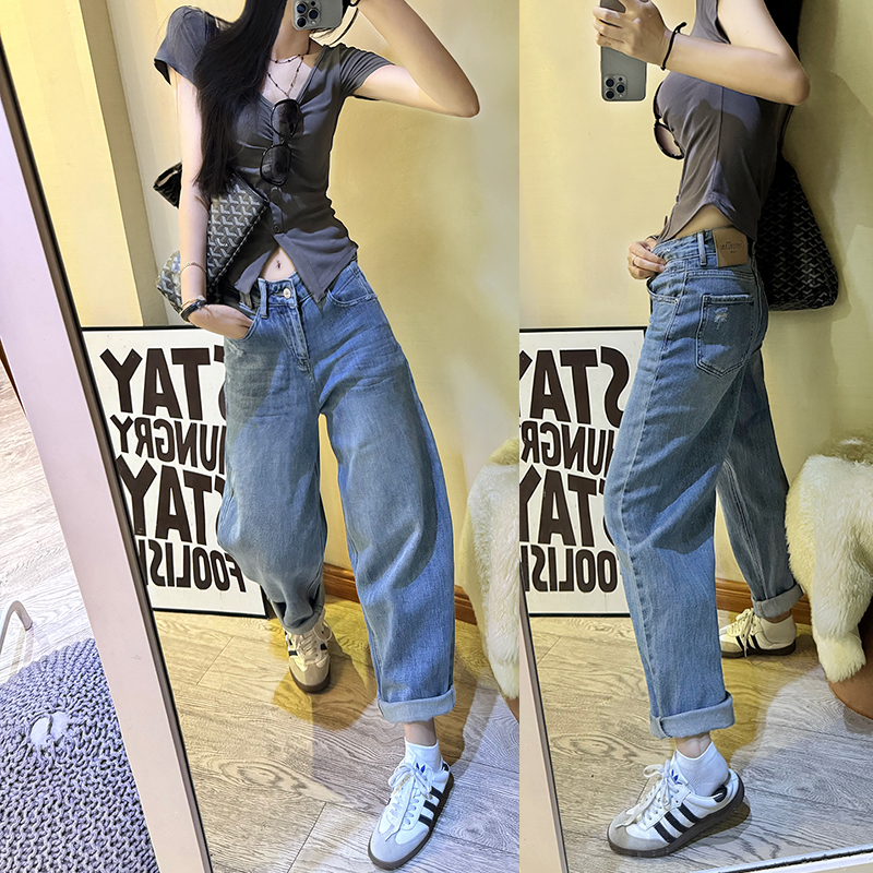 欧货2025夏季新款浅蓝色牛仔老爹垮裤女休闲高腰宽松阔腿哈伦裤潮