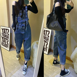 新款 哈伦裤 高腰纽扣蓝色牛仔背带裤 宽松吊带裤 韩版 欧洲站2025春季