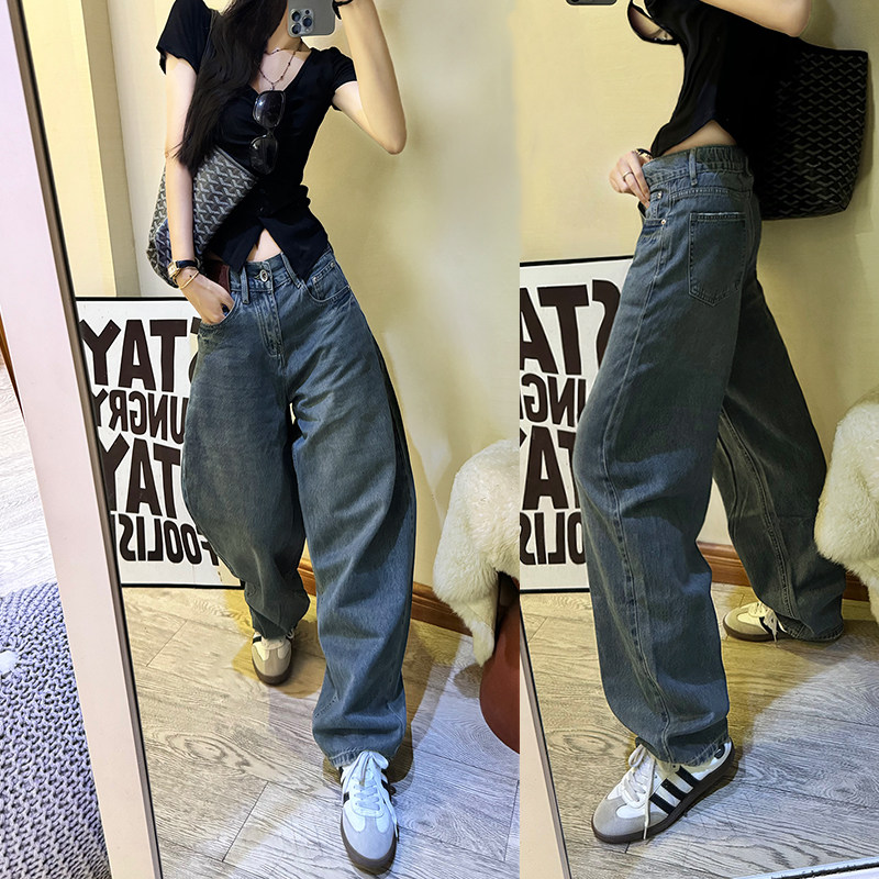 欧版宽松牛仔裤女春秋2025年新款高腰大码哈伦跨裤直筒裤老爹裤子