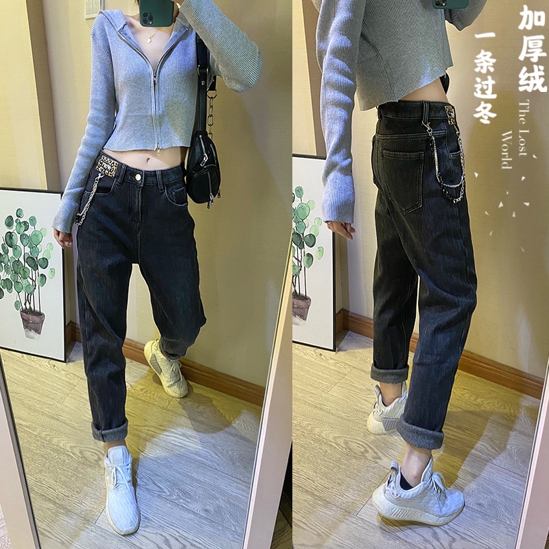 休闲加绒加厚牛仔裤女长裤宽松