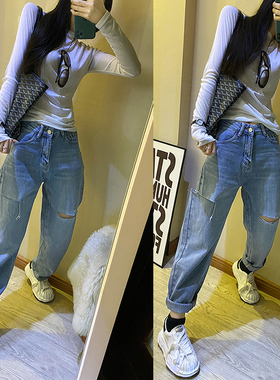 欧货2025春秋新款浅蓝色破洞刀割牛仔老爹垮裤女高腰宽松哈伦裤潮