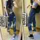 2025欧版 女薄款 夏季 蓝色前后破洞九分高腰宽松直筒牛仔老爹垮裤