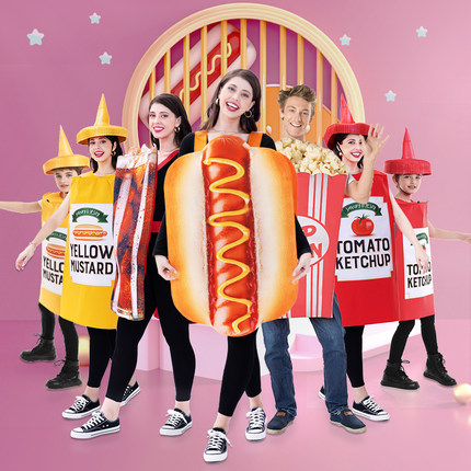 万圣节儿童创意表演服装幼儿园食物芥末番茄酱热狗可乐披萨爆米花