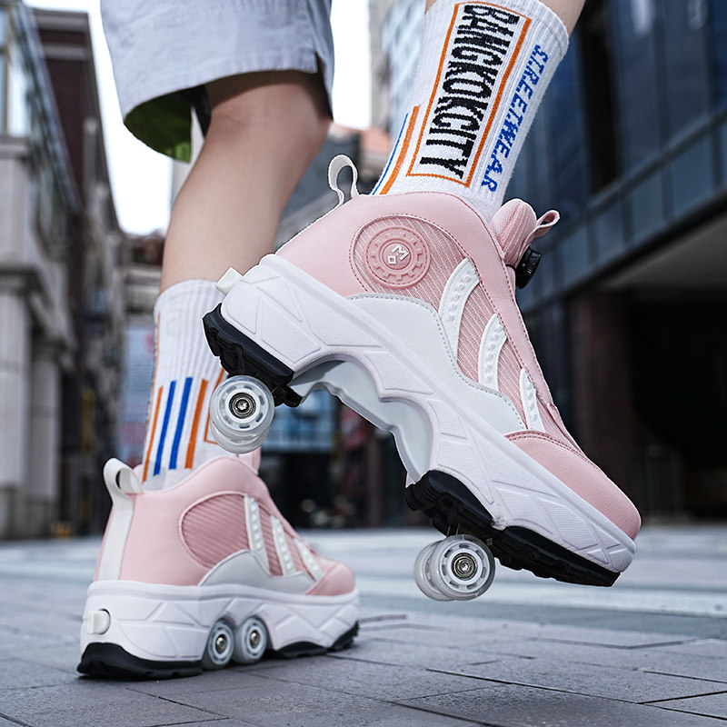 暴走鞋带轮子的滑行鞋男女款变形鞋儿童礼物网红溜冰鞋网面滑轮鞋