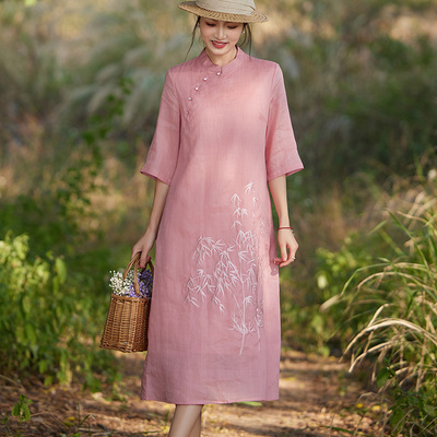 新中式简约宽松显瘦苎麻连衣裙