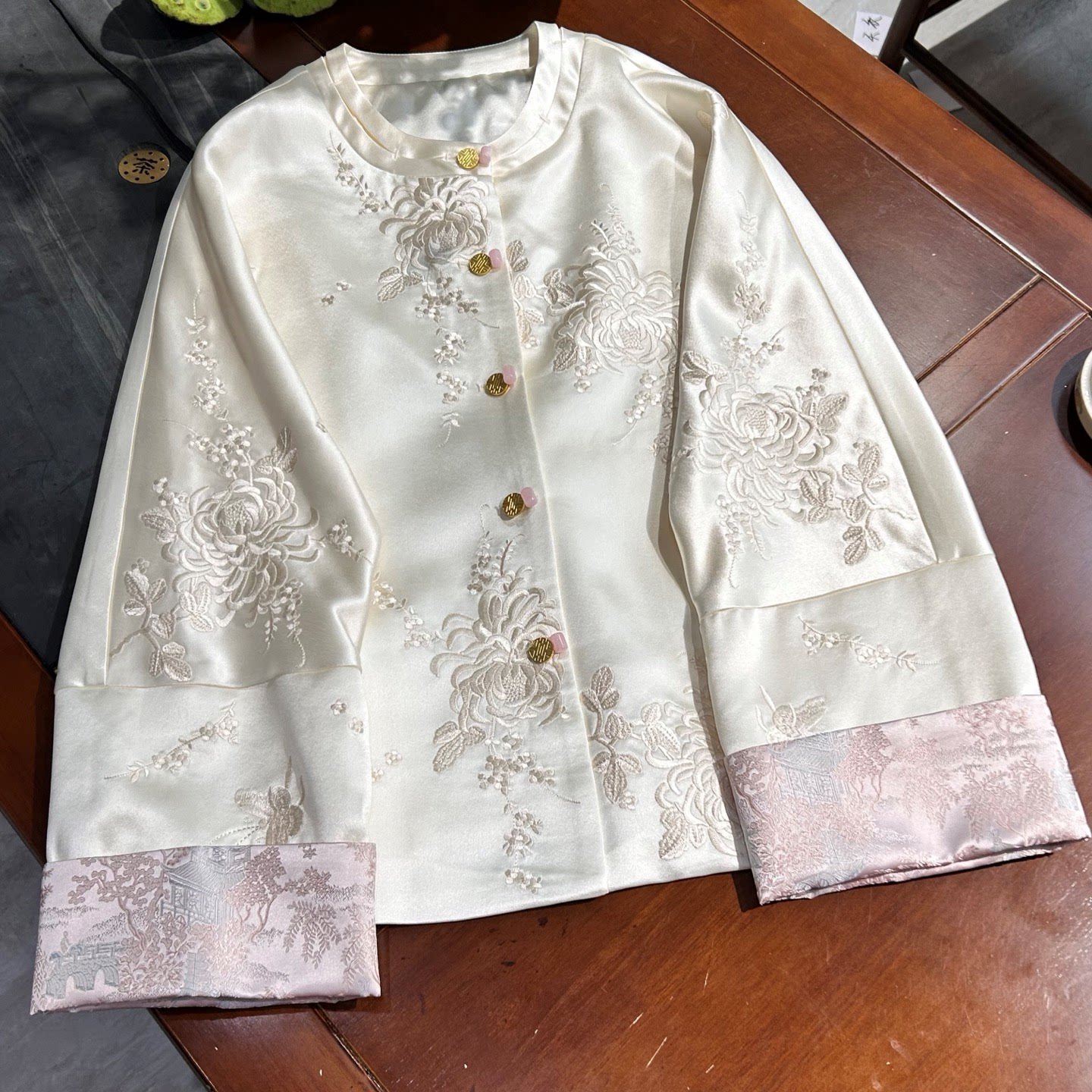 新中式外套女汉服改良唐装重工牡丹刺绣圆领盘扣国风短款开衫上衣