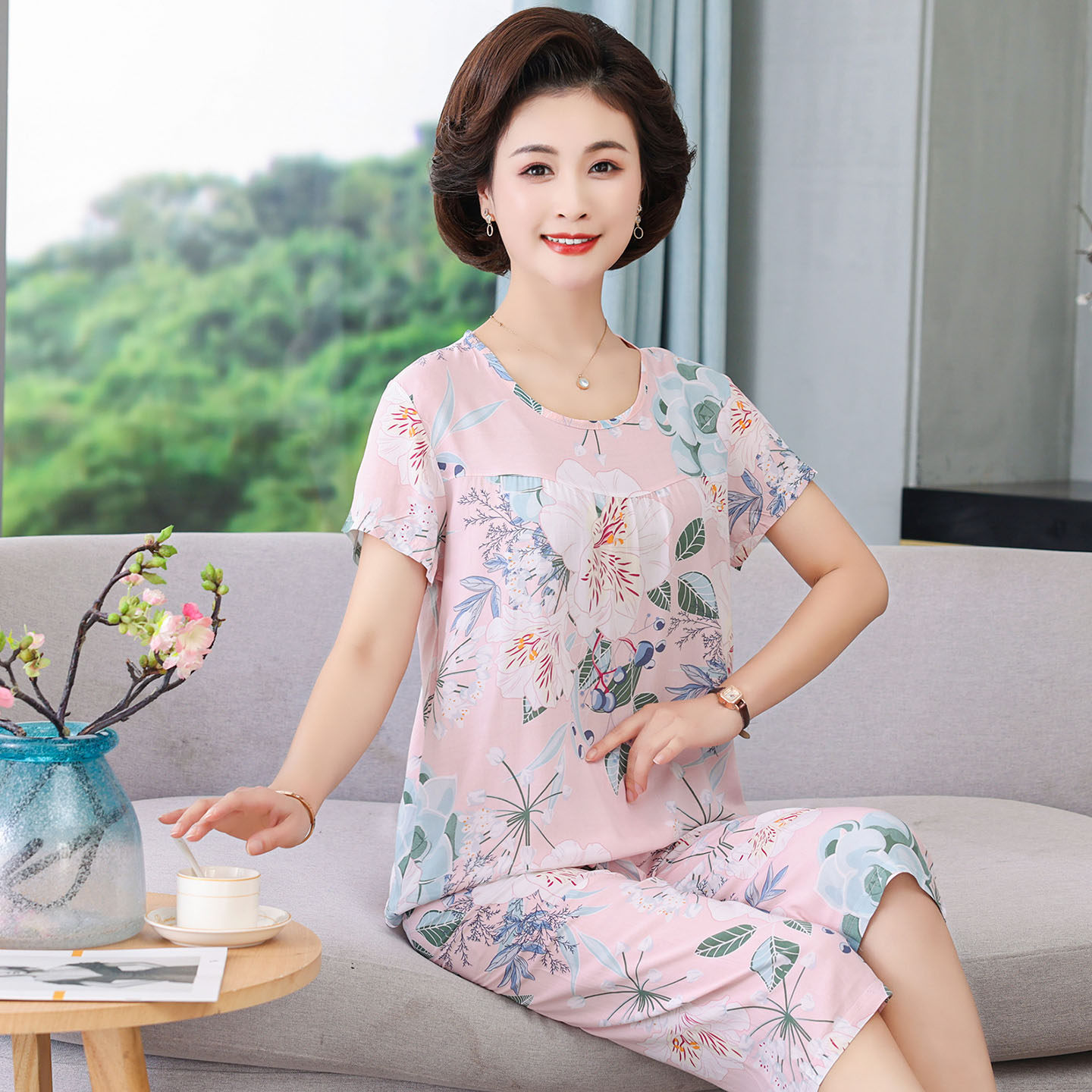 中老年睡衣女夏季老人绵绸短袖家居服人造棉两件套妈妈棉绸套装薄