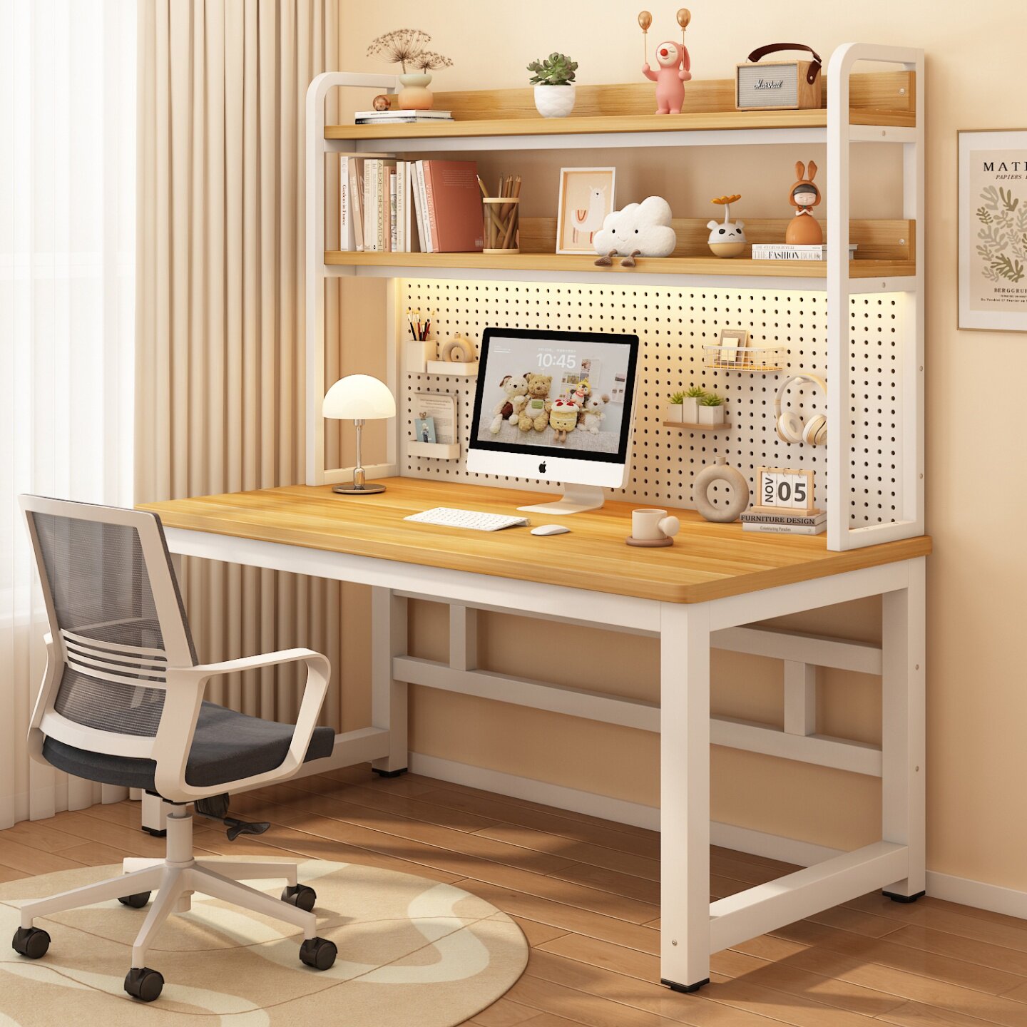 电脑桌双人写字台学习办公桌学生家用台式洞洞板书桌书架一体桌子