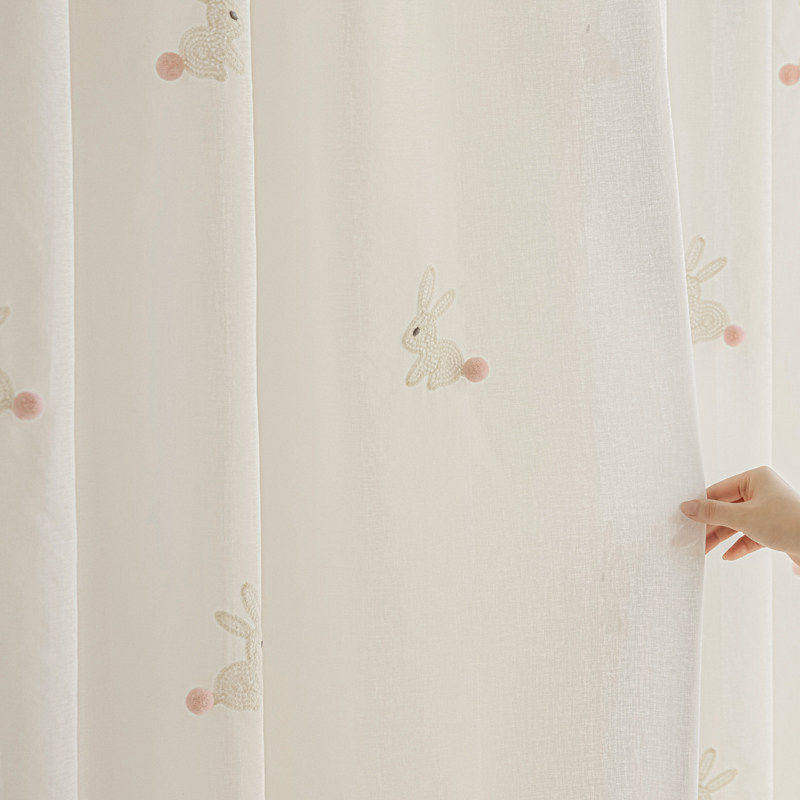 新款ins奶油风儿童房超萌绣花小兔窗纱窗帘半透纱帘客厅卧室飘窗
