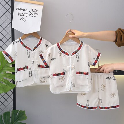 2026夏季男童汉服短袖套装棉麻国学唐装男宝宝复古中国风儿童礼服