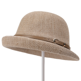 亚麻帽子女夏季防晒薄款名媛风圆顶渔夫帽时尚百搭遮阳沙滩小礼帽