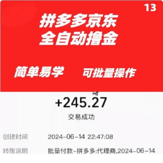 拼多多 京东全自动撸金 赚钱小项目全自动脚本蓝海副业日入300＋