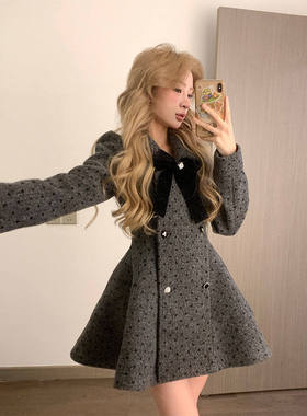 【米兰洋装】黑色波点中长款收腰毛呢大衣女冬季法式高级感外套