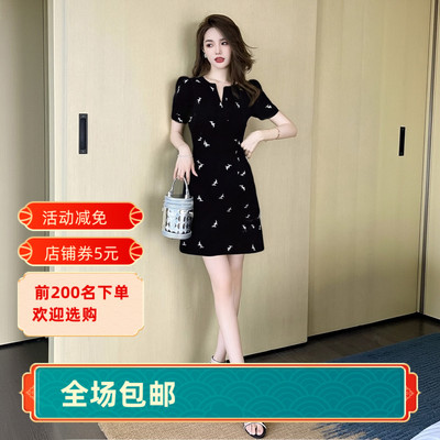 法式高定赫本风刺绣短袖连衣裙女显瘦显高小个子黑色圆领a字短裙