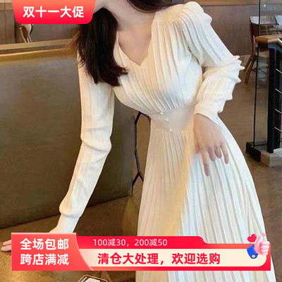 2025韩版秋冬新款气质高腰连衣裙V领套头女纯色长款针织毛衣A字裙