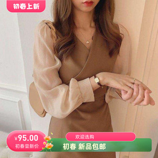 春夏长袖连衣裙收腰显瘦V领打底裙女新款假两件洋气小个子短裙子