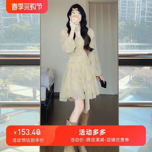 厂家直销法式温柔长袖v领碎花飘带雪纺连衣裙女小个子收腰气质短