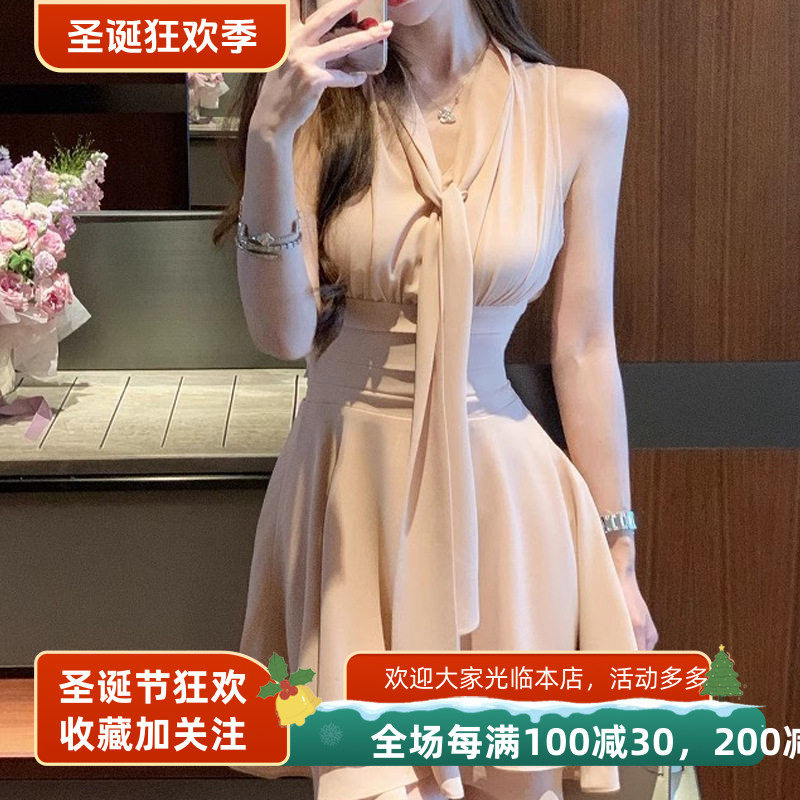 法式【心动缪斯】2025新款夏装领口系带短裙气质收腰连衣裙女新款